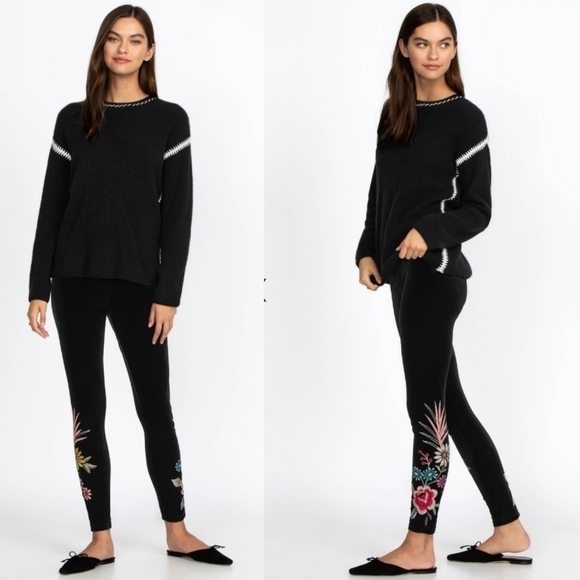 New Johnny Was Tiarei Stretch Velvet Floral Embroidery Black Leggings NWT XXS - Picture 2 of 15